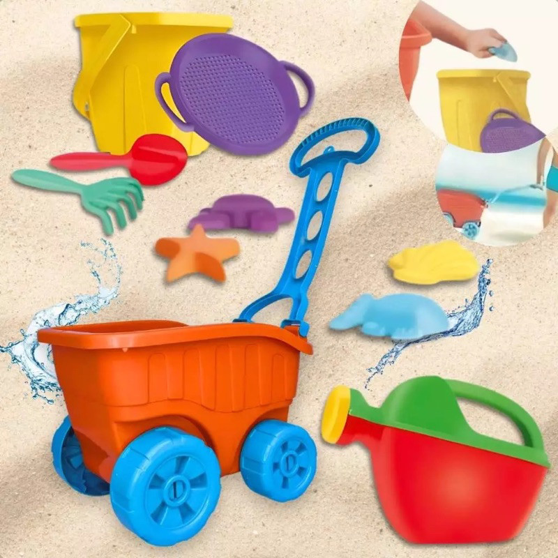 Brinquedo Carriola De Praia Laranja Com Acessórios Infantil Castelinho De Areia Forminhas Baldinho Regador