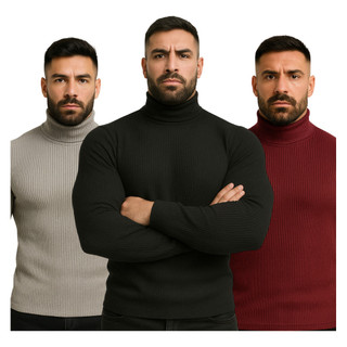 Kit 3 Blusas Cacharrel Masculino Gola Alta Canelado Camisa Manga Cumprida para Dias Frios