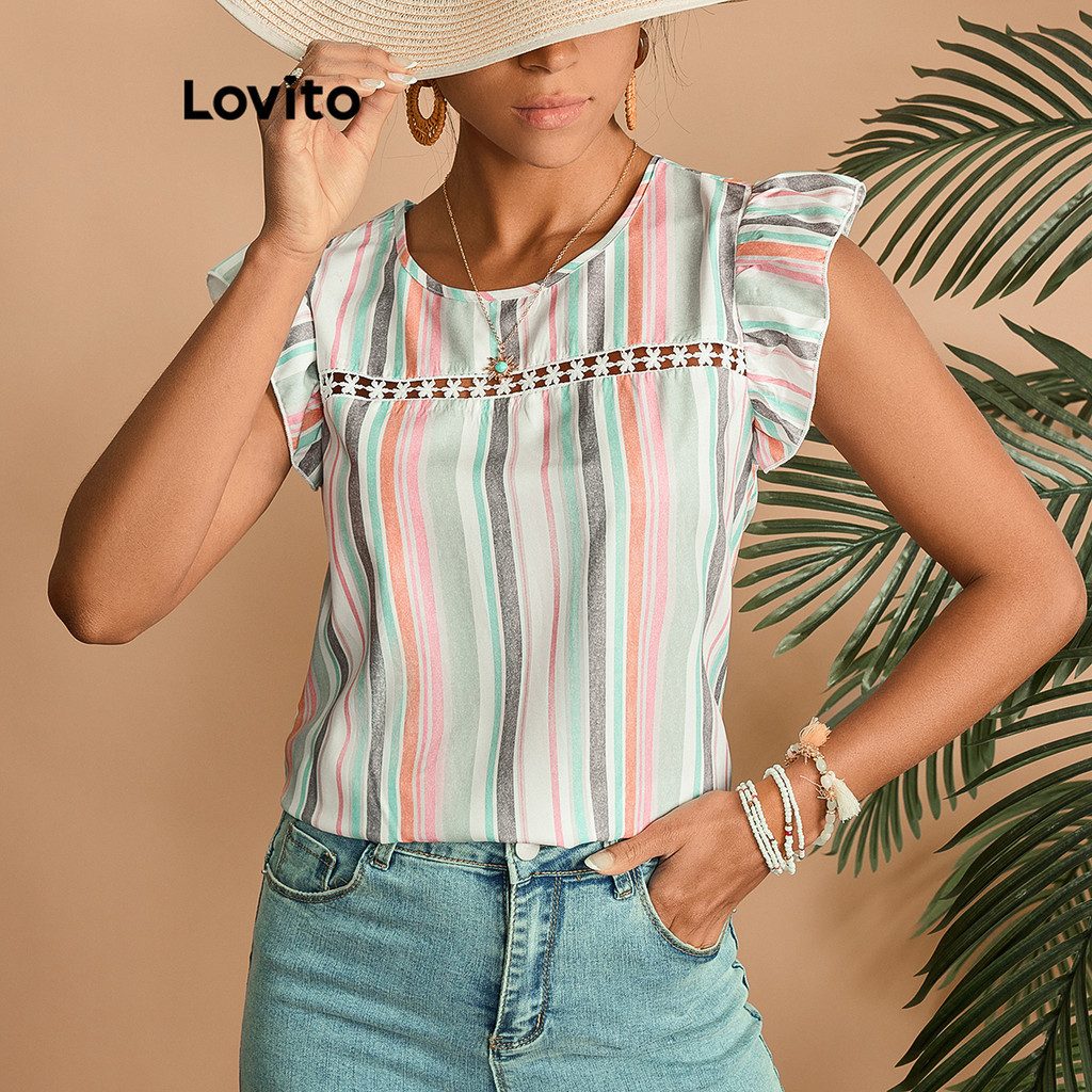 Lovito Blusa Boho Rainbow Stripe Colorblock Lace Ruffle para mulheres LBL20205 - Women Clothes