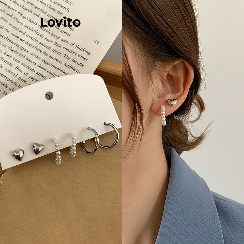 Lovito Brincos geométricos casuais de pérolas lisas para mulheres LFA33231 - Fashion Accessories