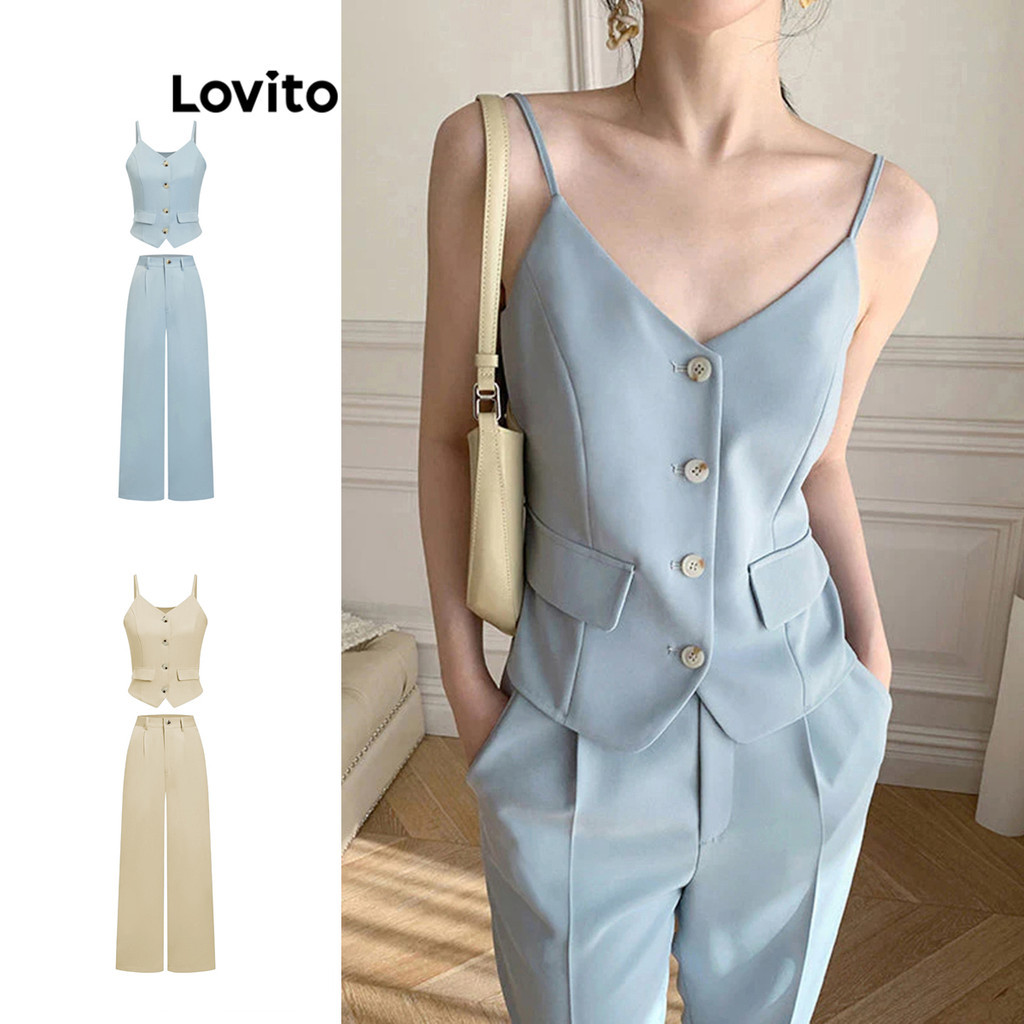 Lovito Top Casual Com Bolso Liso E Botão Frontal Ou Calça Para Mulheres L77ED102 - Women Clothes