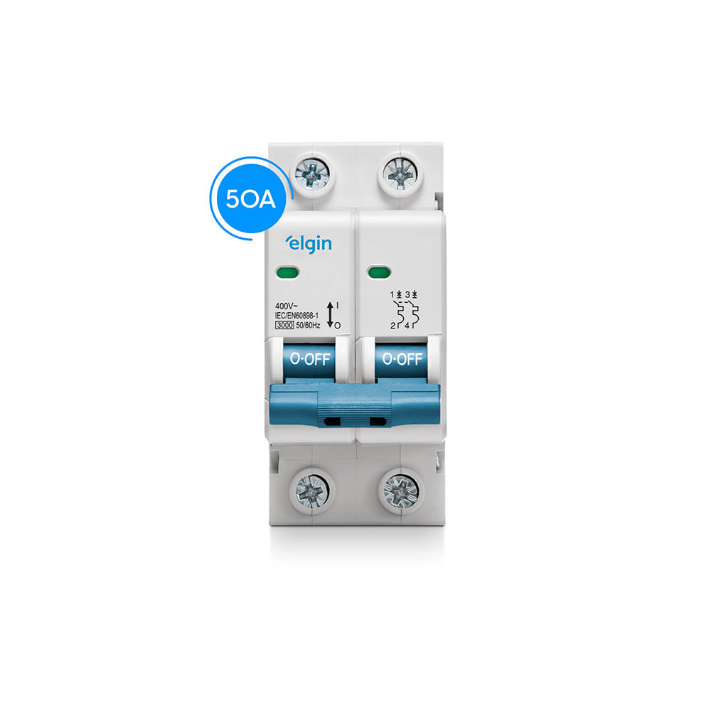 Disjuntor Termomagnético Bipolar 2 polos 50A Curve C 3KA MCB Elgin - 50 Amperes, Mini disjuntor em Oferta na Shopee