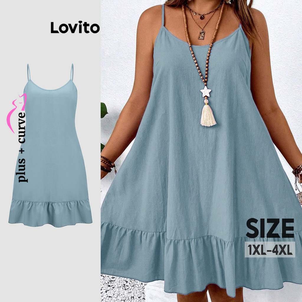 (Trendy) Lovito Vestido Curva Plus Size Casual Com Babados Lisos Para Mulheres LBL18844