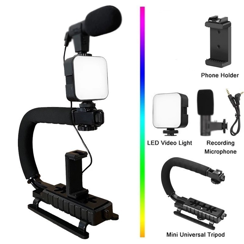Estabilizador De Câmera Pro e Com Microfone Portátil Para Filmadora + Suporte Celular e Iluminação