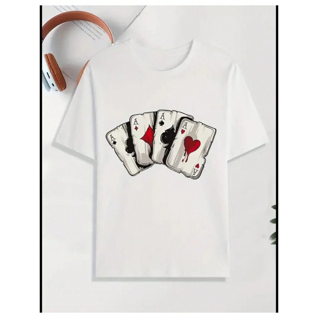 Camiseta Masculina BARALHO Simples De Manga Curta Gola Redonda Estampada Lançamento Casual Toop