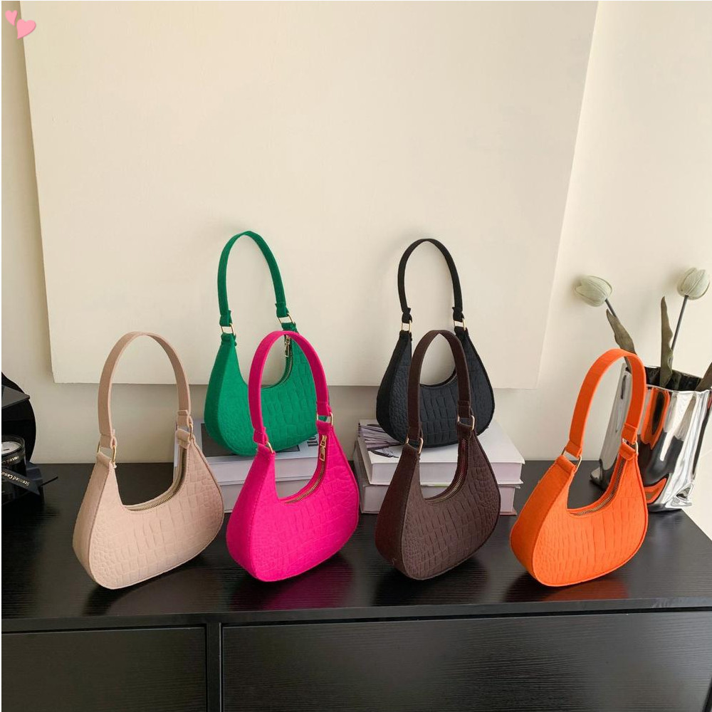 Bolsa de ombro com zíper cor sólida textura elegante versátil bolsa meia lua feminina