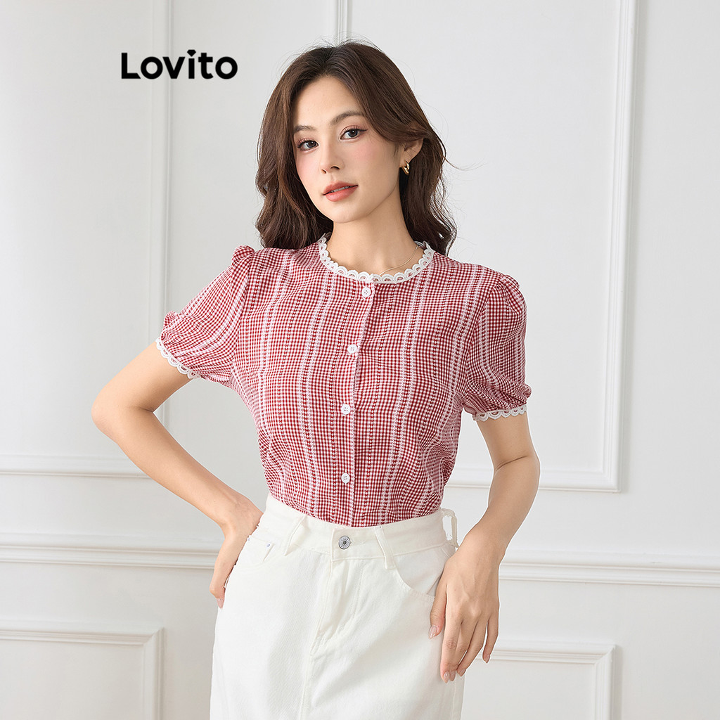 Lovito Blusa Casual Gingham Padrão Blusa De Verão/Primavera Com Babados Para Mulheres L112ED443 - Women Clothes