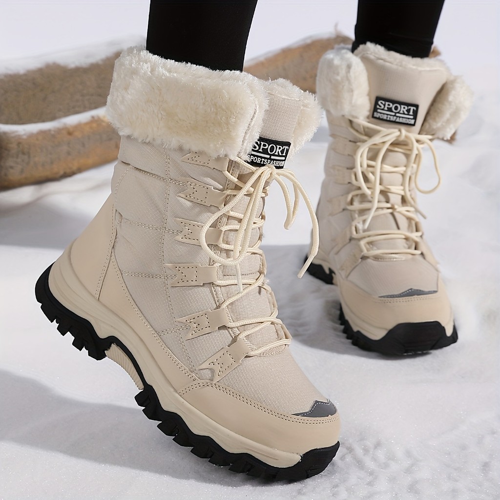 Botas de neve femininas de cano médio, botas quentes de inverno, com forro de pele Artificial, Design com cadarço, bico em Oferta na Shopee