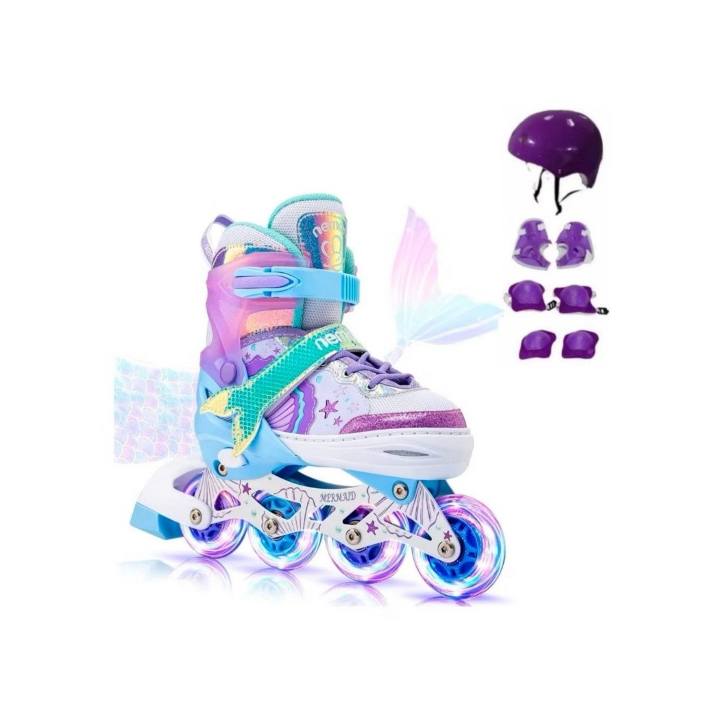 Patins inline infantil ajustável ​​com luzes LED, com ou sem kit de proteção, em várias cores e tamanhos disponiveis em Oferta na Shopee