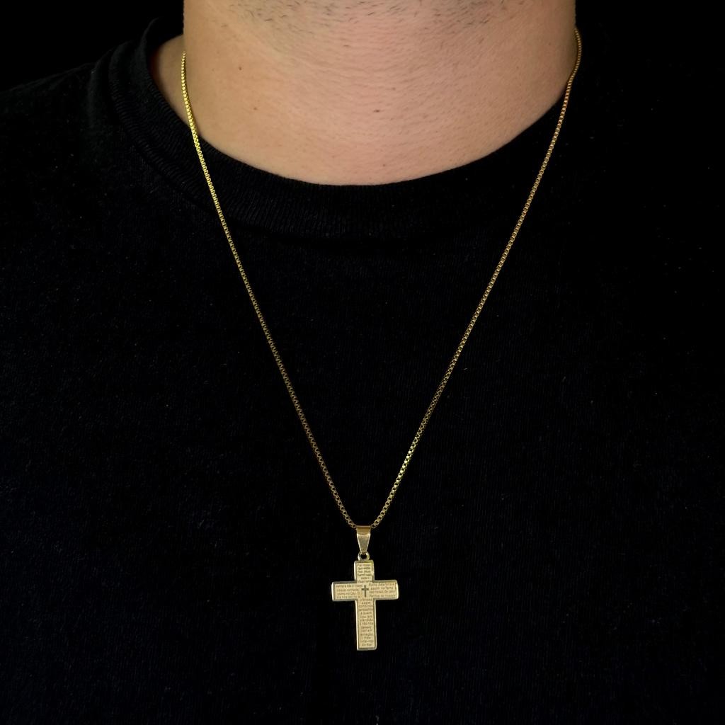 Corrente Veneziana Pingente Crucifixo Pai Nosso Banhados a ouro 18k Cordão Veneziana Masculina Pingente Crucifixo