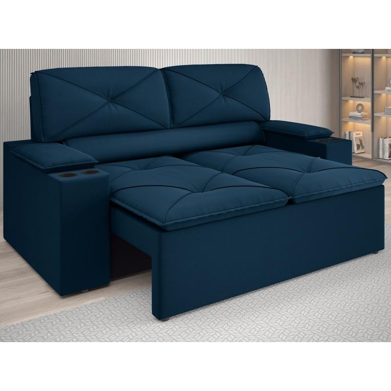 Sofá com Porta Copos Retrátil e Reclinável Pop 1,54m Velosuede Petroleo - NETSOFAS