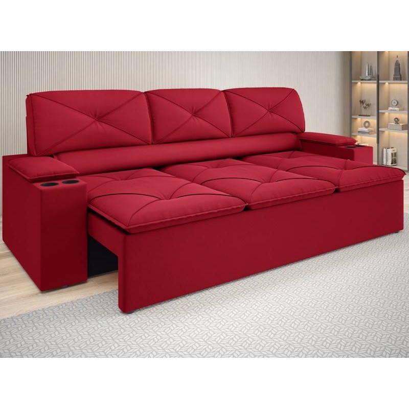 Sofá com Porta Copos Retrátil e Reclinável Pop 2,05m Velosuede Vermelho - NETSOFAS