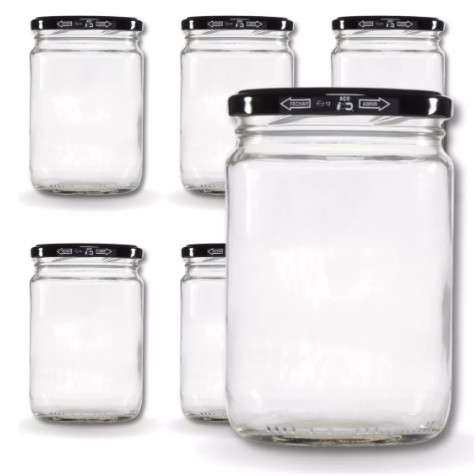 Kit 6 Pote de Vidro 600ml Berlim Com Tampa Aluminio Preta B82