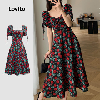 (Trendy) Lovito Vestido Casual De Verão Com Gravata Floral Frontal Com Cadarço E Estrutura Para Mulheres L124AD525 em Oferta na Shopee