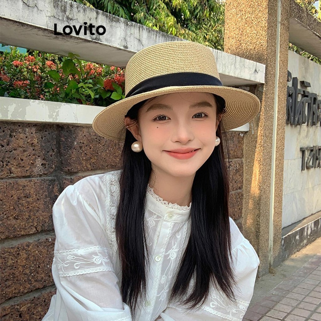 Lovito Chapéu Vintage Com Laço Liso Colorblock Para Mulheres LFA38195 em Oferta na Shopee