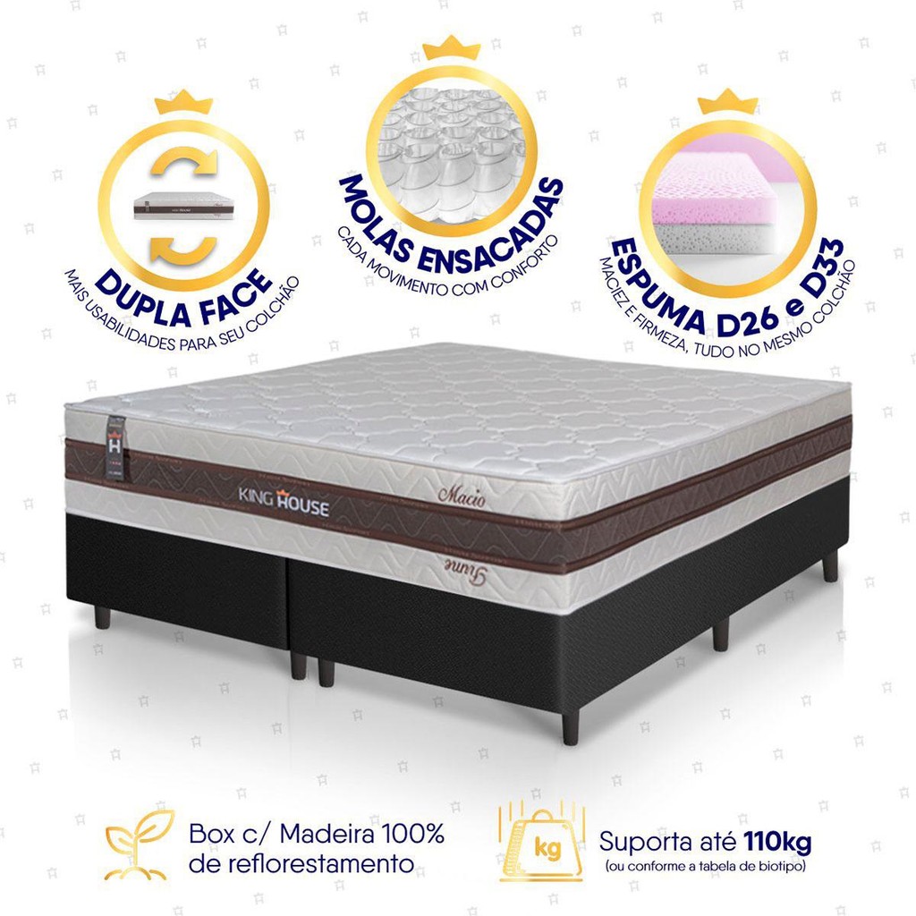 Conjunto Box Preto Mali Bege Molas Ensacadas King 193x203x70 - King House