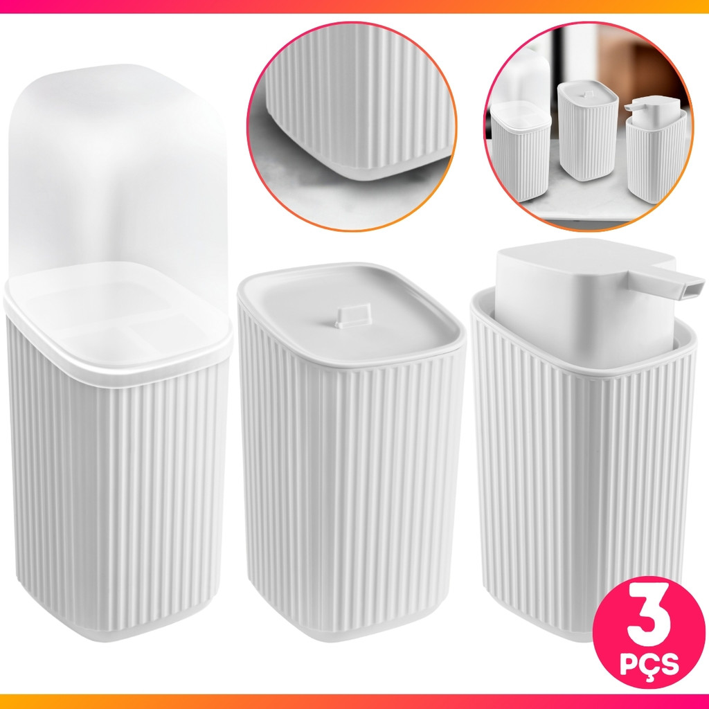 KIT 3 Banheiro Dispenser Sabonete Líquido Porta Algodão E Escovas Creme Dental Banheiro Lavabo