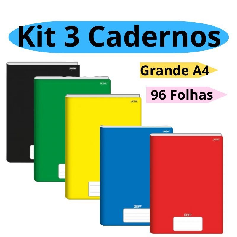 Kit 3 Cadernos Brochura Grande A4 96 folhas Capa Dura Papelaria Brochurao Escolar Infantil Credeal em Oferta na Shopee