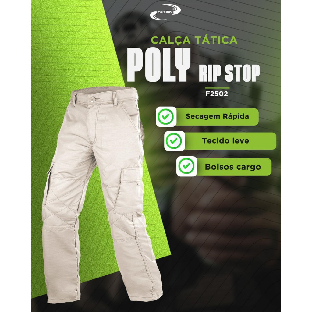CALÇA TÁTICA FOX BOY 6 BOLSOS POLY RIP STOP TECIDO LEVE CAMPING AIRSOFT PESCARIA SECA RAPIDO