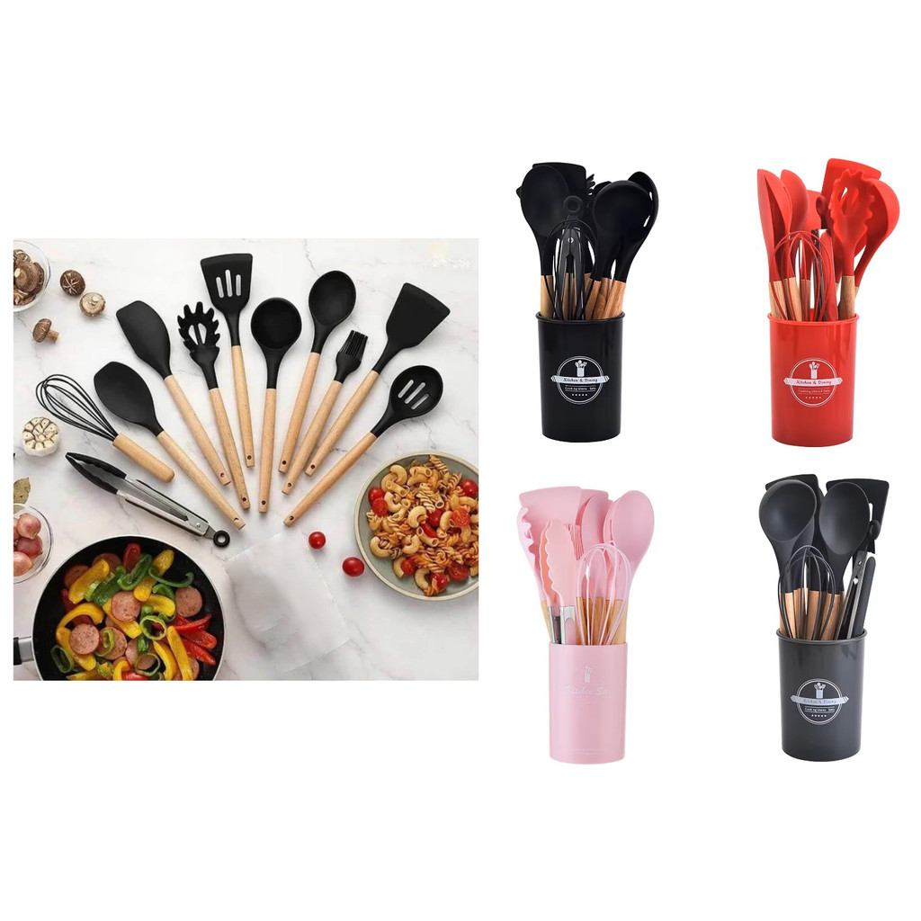 Kit de Utensílios Para Cozinha em Silicone e Bambu 12 Peças Premium