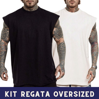 Kit 2 Camisetas Regatas Oversized Masculina Lisa Camiseta Streetwear 100% Algodão em Oferta na Shopee