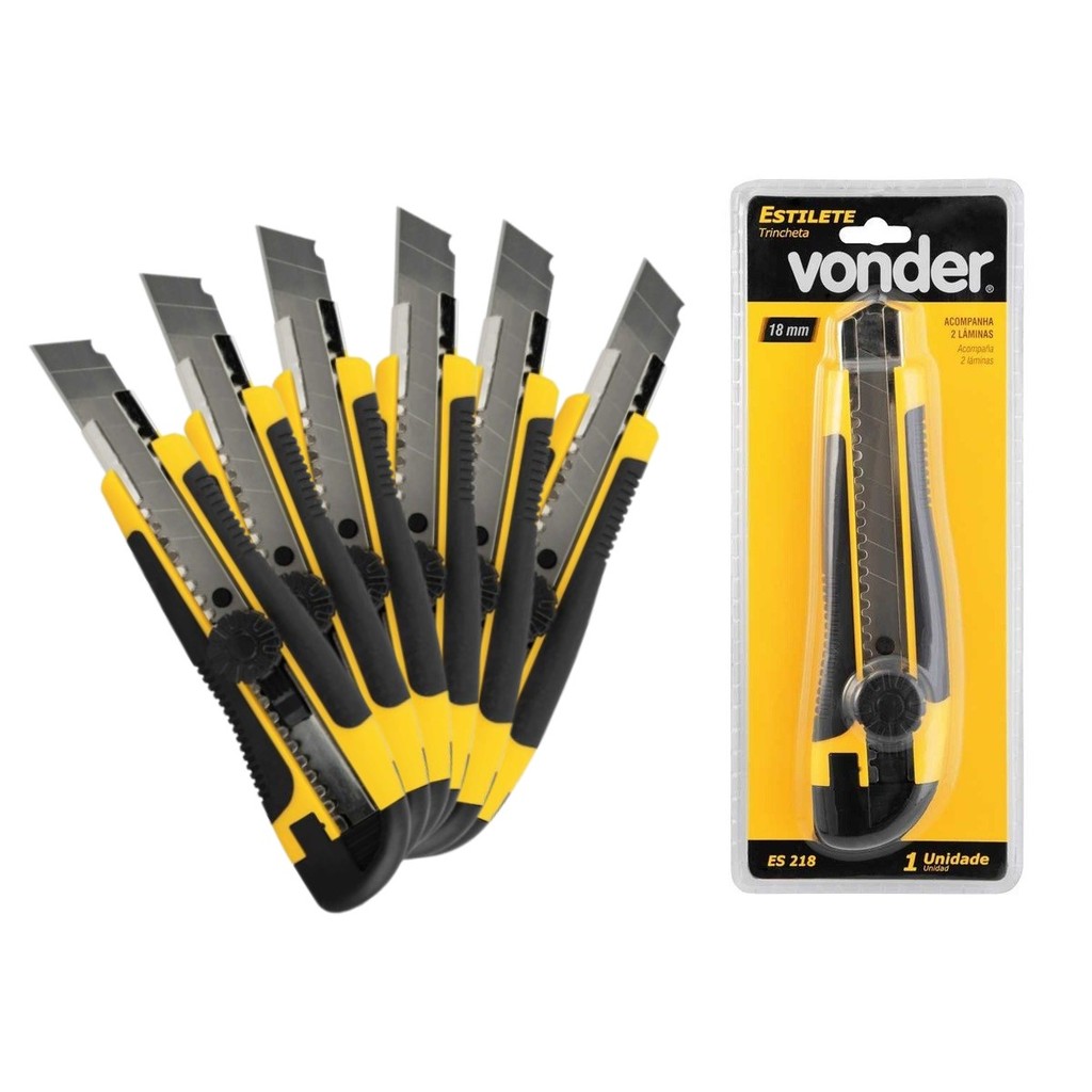 Estilete Profissional Emborrachado Vonder 18mm Kit 06 Unidade com Trava Giratória
