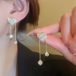 Brinco Coração Strass Feminino Dourado Longo Pendente Cristal Festa Casamento Luxo Delicado Presente