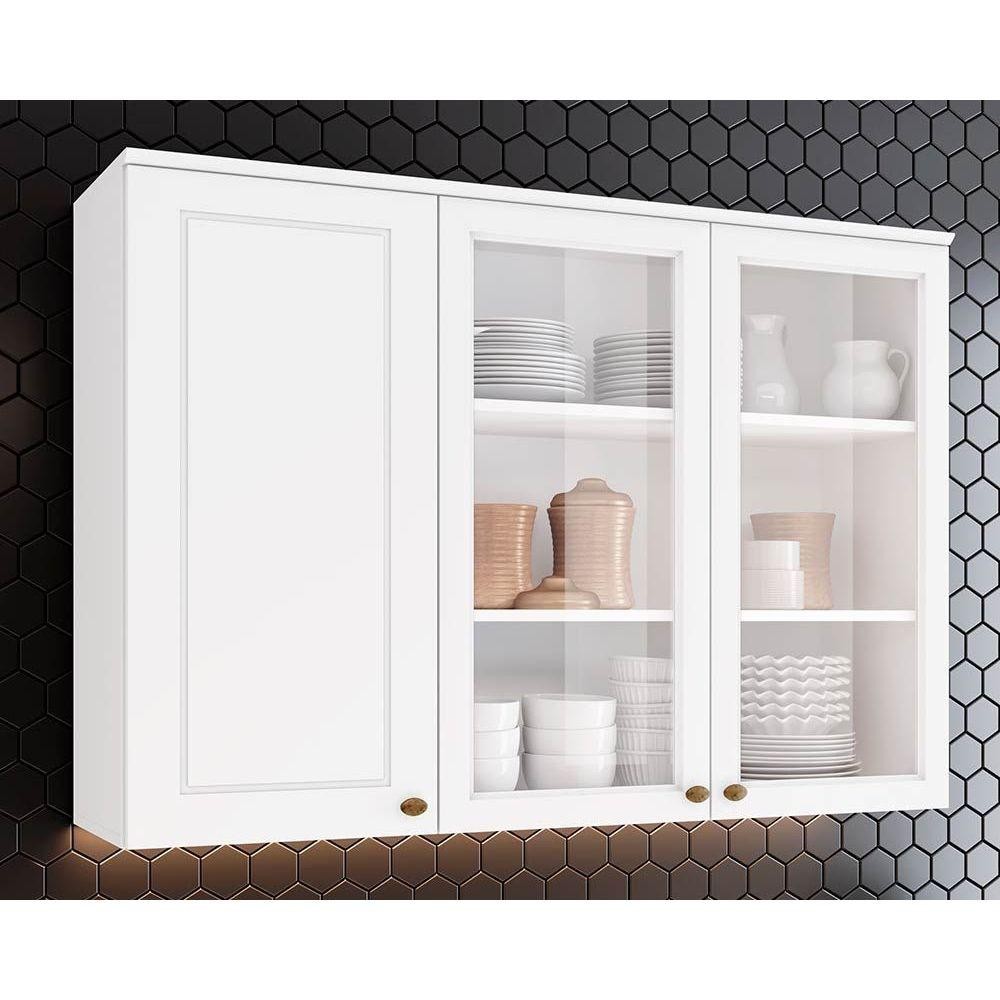 Armário Aéreo p/ Cozinha Americana c/ 3 Portas (2 c/ Vidro) 120cm Branco - Henn