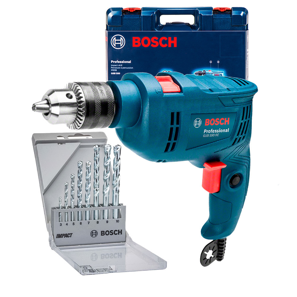 Furadeira Bosch GSB 550 RE com Maleta + 8 Brocas CYL-1 - 127V ou 220V