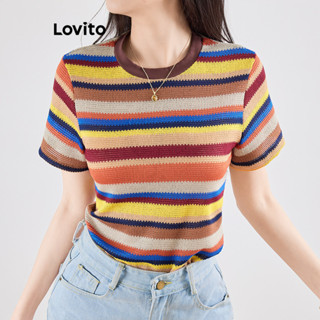 Lovito Camiseta casual com listras em arco-íris e cores contrastantes para mulheres L120ED073 em Oferta na Shopee