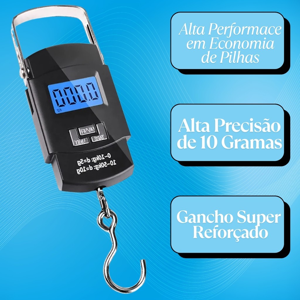 Balança Digital Portátil De Mão gancho Até 50kg Trava Mala Bagagem