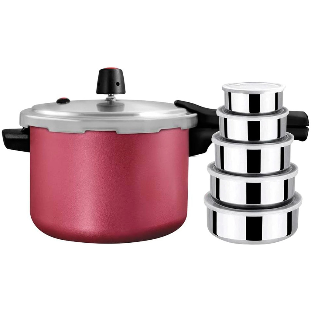 Panela Pressão 4,5L Antiaderente Cereja Panelux E Conjunto Tigelas Com Tampa Inox 5 Peças - Home & Living