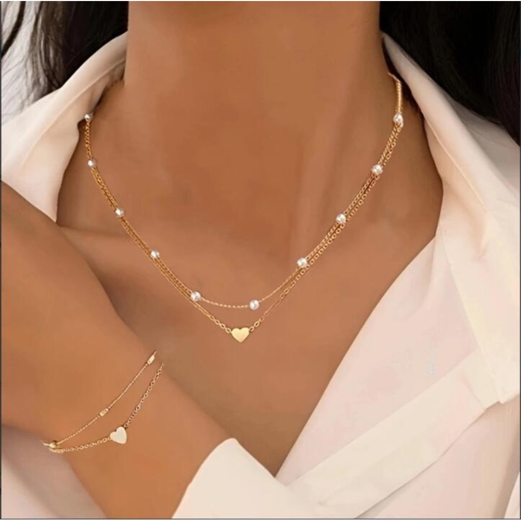 Colar De Pulseira De Coração Banhado A Ouro E Prata Para Mulheres Conjunto De Joias De Pérolas Simuladas Presente De Fes