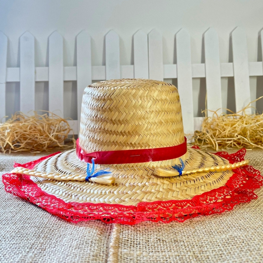 Chapéu de Palha De Renda Com Trança Loira - Vermelho - 34cm - 1 unidade - Rizzo