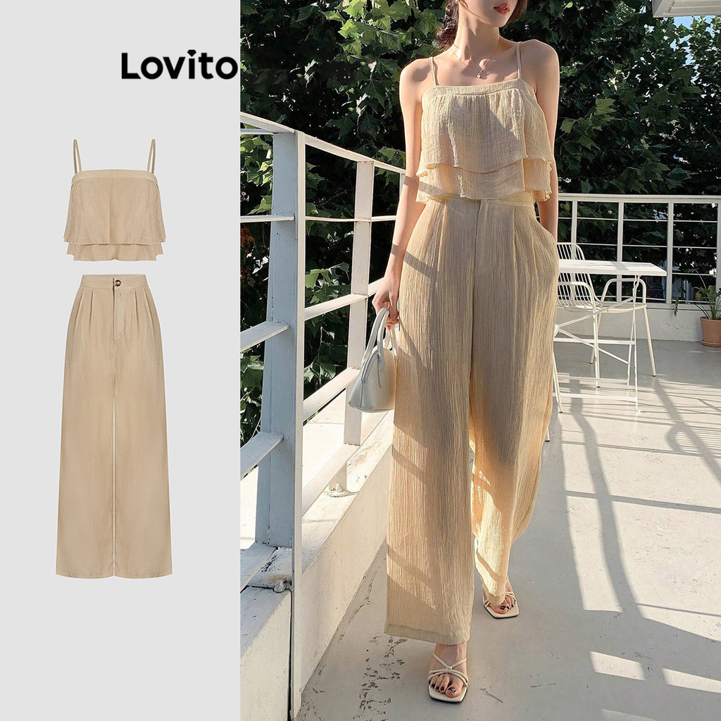 Lovito  Conjuntos De Calças Casuais Conjuntos De Calças De Verão Com Camada Lisa Em Camadas Para Mulheres L118ED232 - Women Clothes