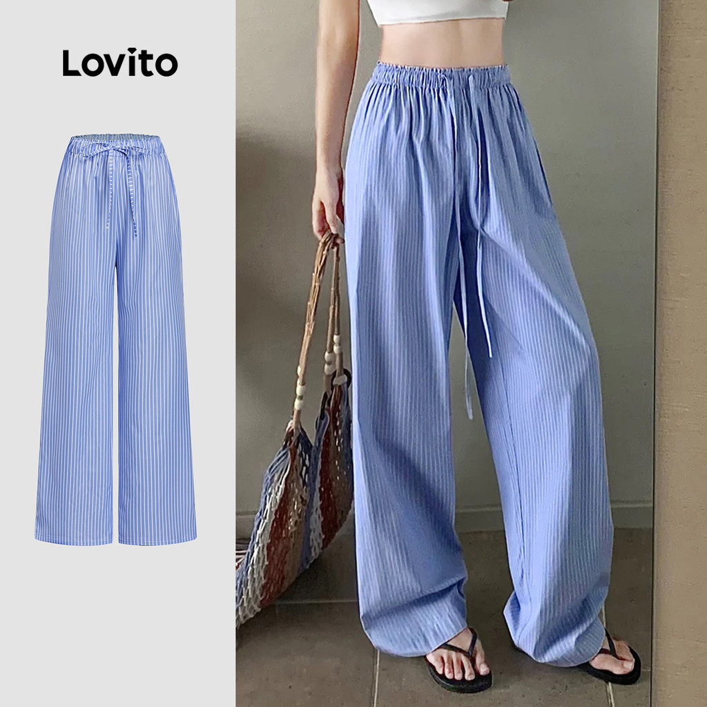 Lovito Calça Casual Listrada Com Cadarço, Calça De Verão Para Mulheres L113MD426 em Oferta na Shopee