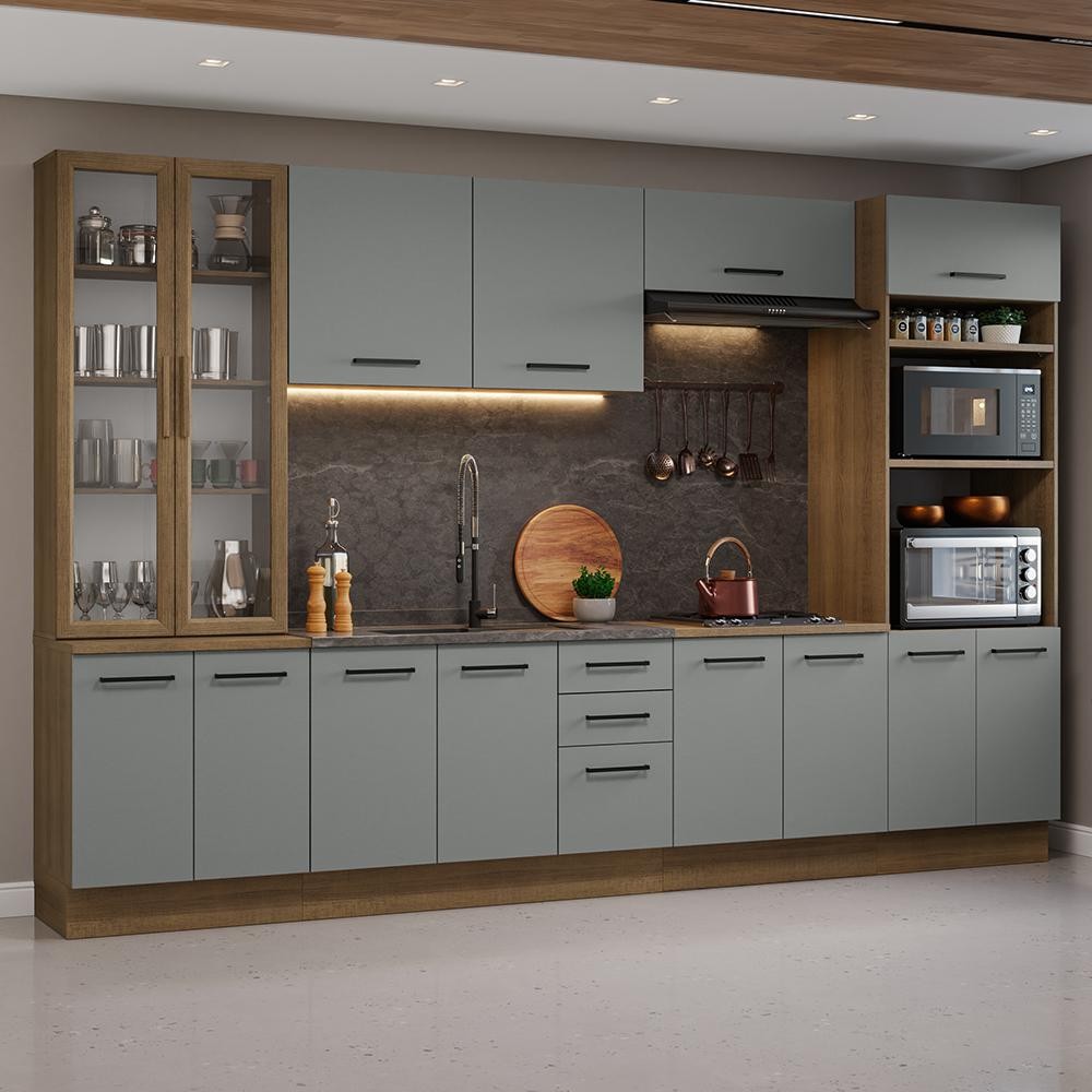 Armário de Cozinha Completa 340cm Rustic/Cinza Agata Madesa 01 - Home & Living
