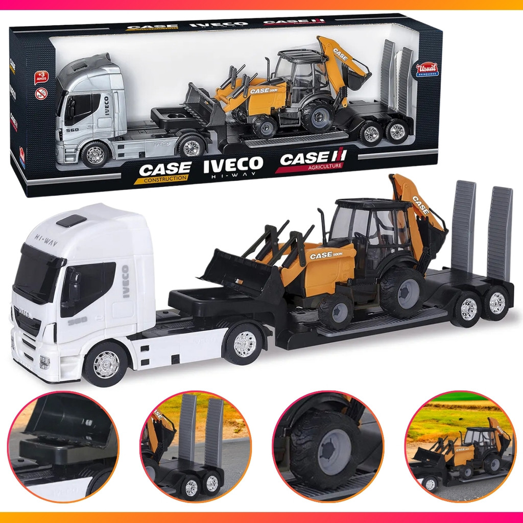 Caminhão Carreta Plataforma Hi Way Com Trator Retroescavadeira Case Brinquedo Menino