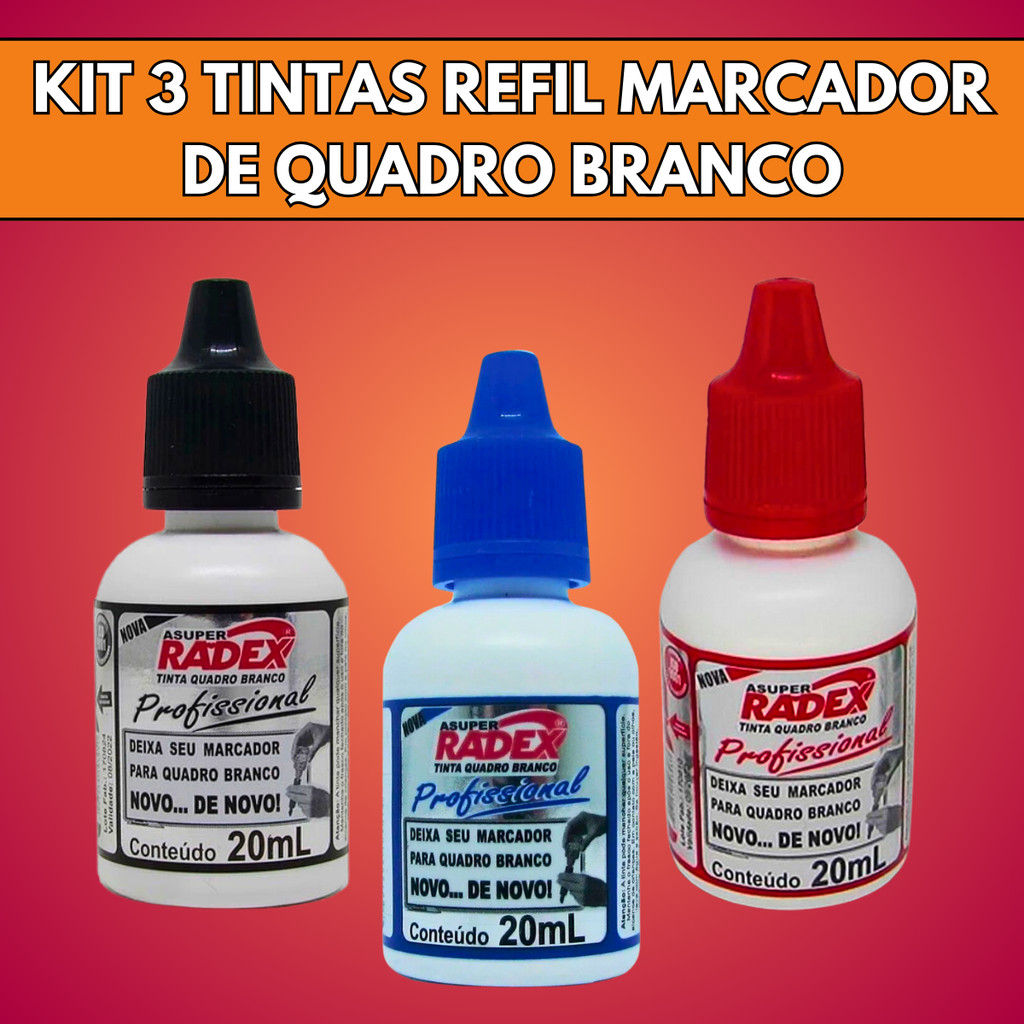 KIT 3 Cores Tinta Marcador P/ Quadro Branco 20ML Cada Radex Durável