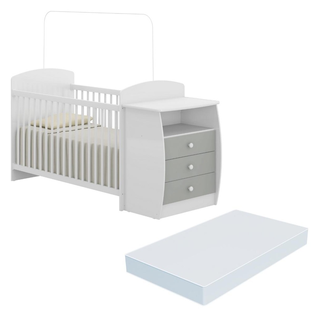 Berço Cômoda com Colchão Incluso Colinho de Mãe Multimóveis FG2951 Branco/Cinza
