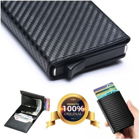 Carteira Ejetora Automática Slim Fibra De Carbono couro Anti Furto Proteção Cartões em Oferta na Shopee
