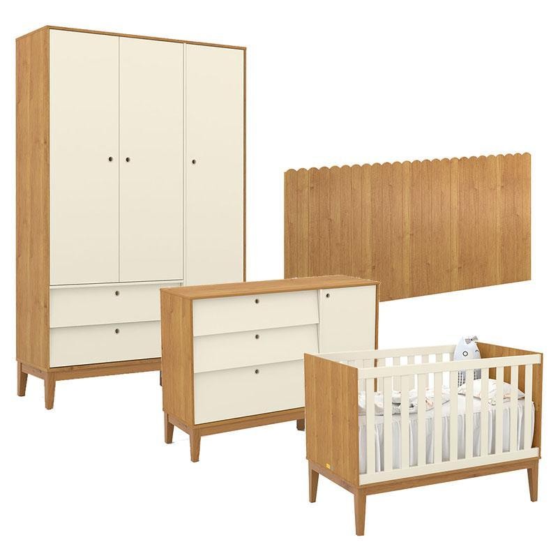 Quarto de Bebê Unique 3 Portas com Cômoda Sapateira e Painel Farm Freijó Off White Eco Wood - Matic