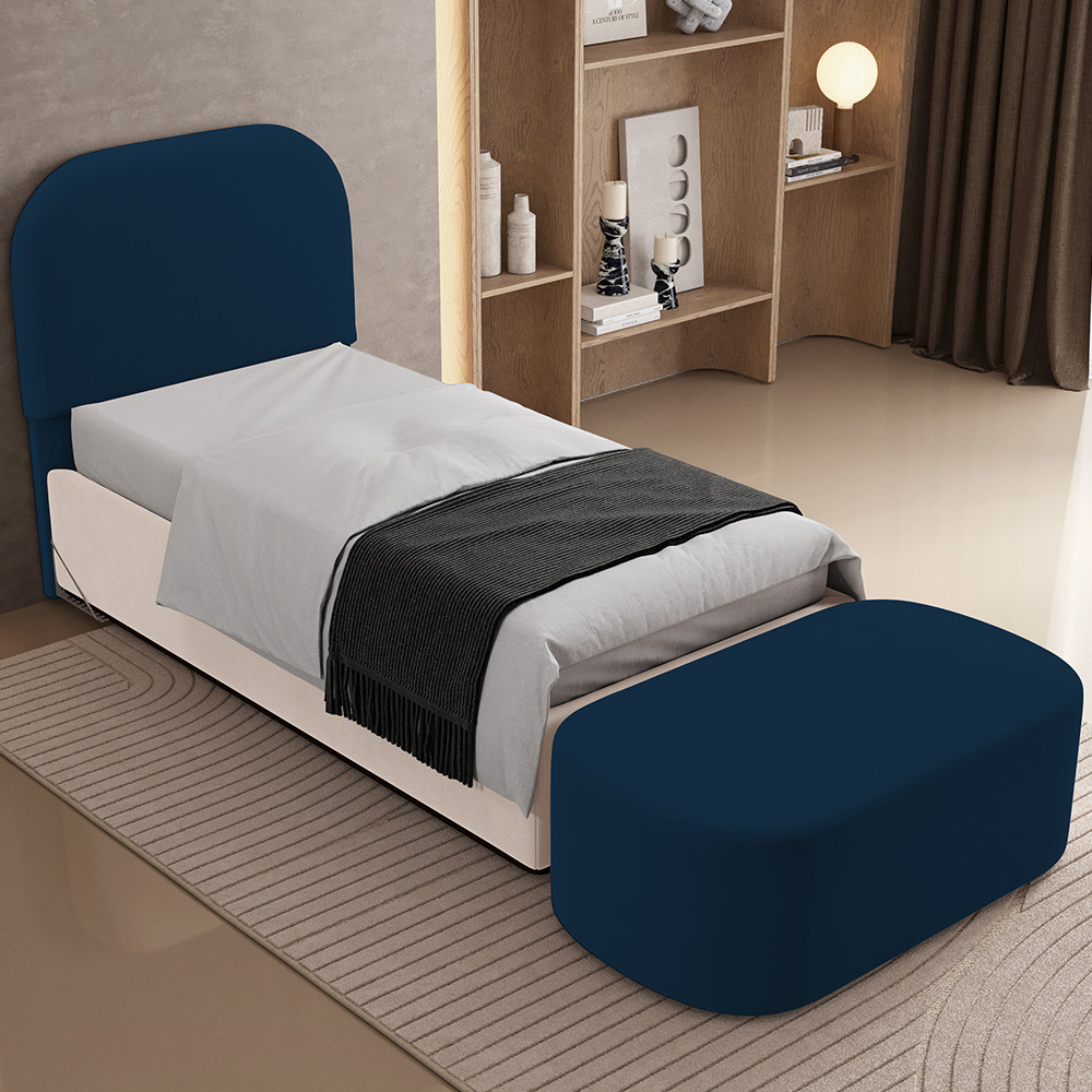 Cabeceira Cama Box Solteiro 100cm Lanna com Puff Recamier Doha W01 Suede Azul Marinho - Lyam Decor