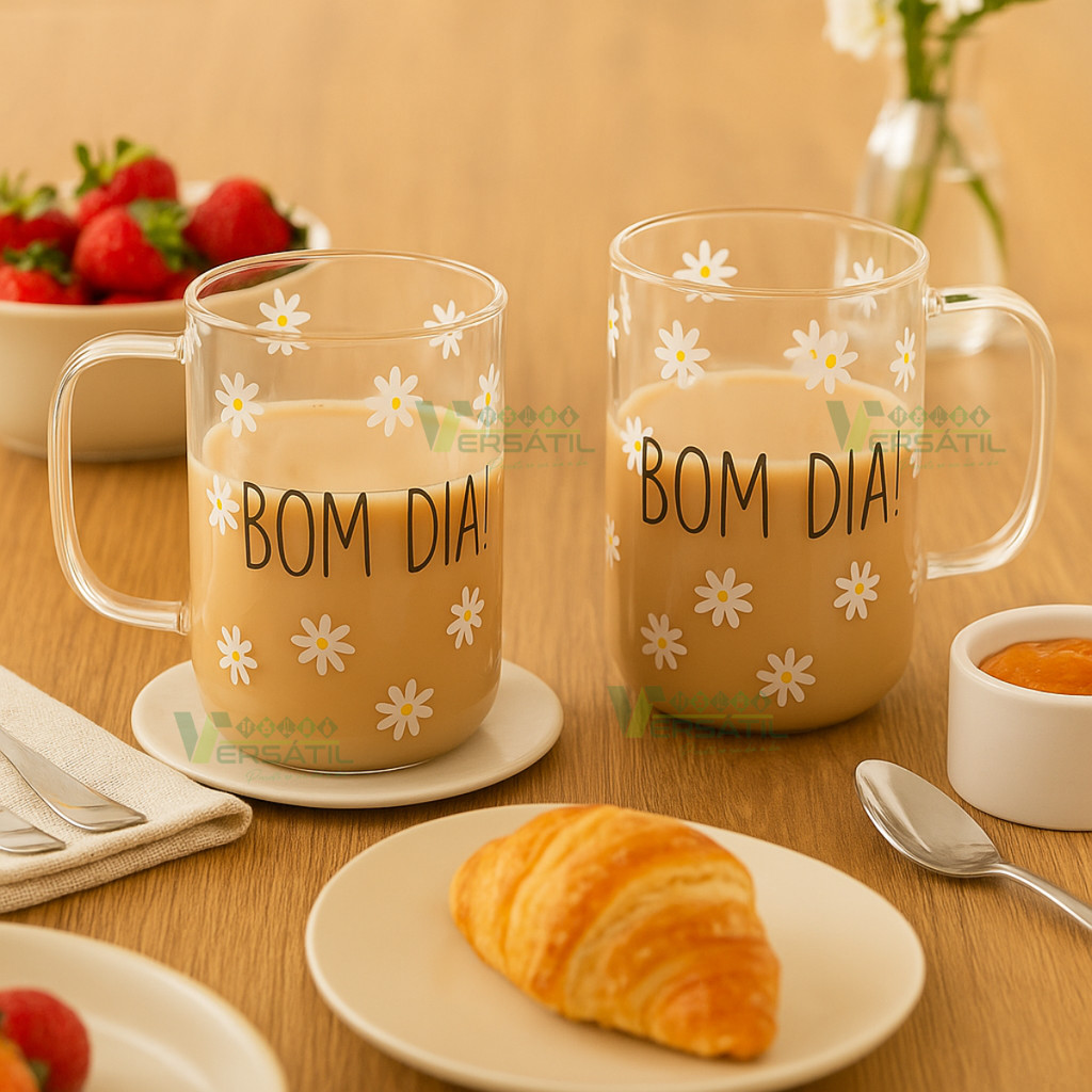 Conjunto Jogo 2 Canecas Xícaras Grande Café Chá de Vidro Bom Dia Wolff 280ml Cantinho do C...