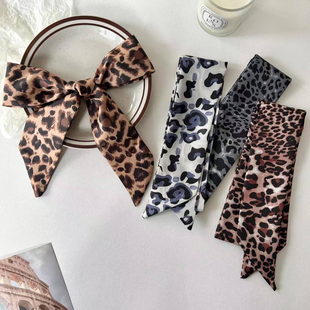 Novo Lenço Pequeno com Estampa de Leopardo Estilo Coreano Atmosfera Laço de Cabelo Decoração Fita Versátil Acessório de