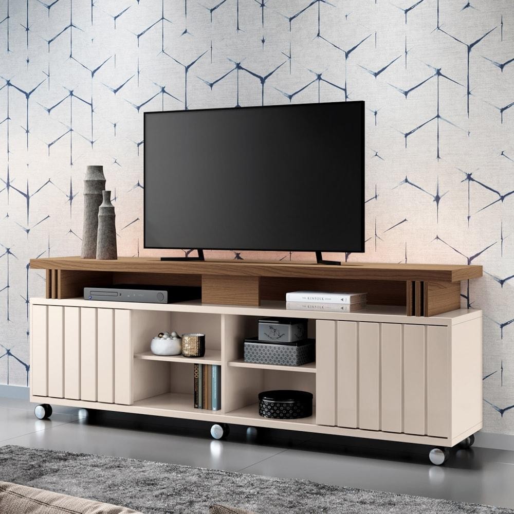 Rack Bancada de TV 70 Pol 180cm Briz Castanho/Off White - HB Móveis