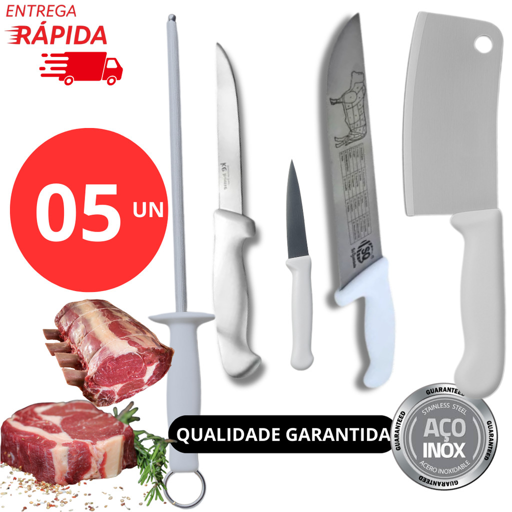 Kit 05 Facas Profissional Faca para Açougueiro Cutelo e Faca Churrasqueiro Cutelo Restaurante