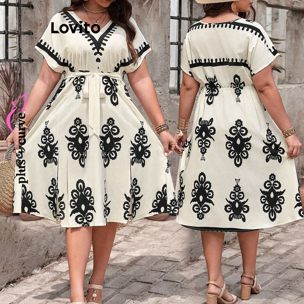 Lovito Vestido Curvo Plus Size Casual Com Estampa Tribal E Costura Em Tecido Com Cinto Para Mulheres LBL17316 - Women Clothes