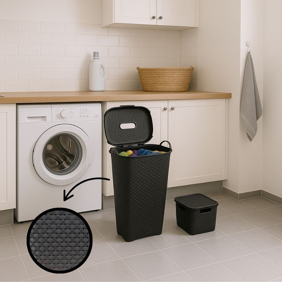 Conjunto Cesto Rattan 50 Litros Preto + Caixa Organizadora Rattan Variações