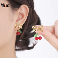 Brincos Pendentes De Cereja Com Laço Vnox Para Mulheres , Redondos Coloridos De Aço Inoxidável Em Ouro 18k , Joias Femin